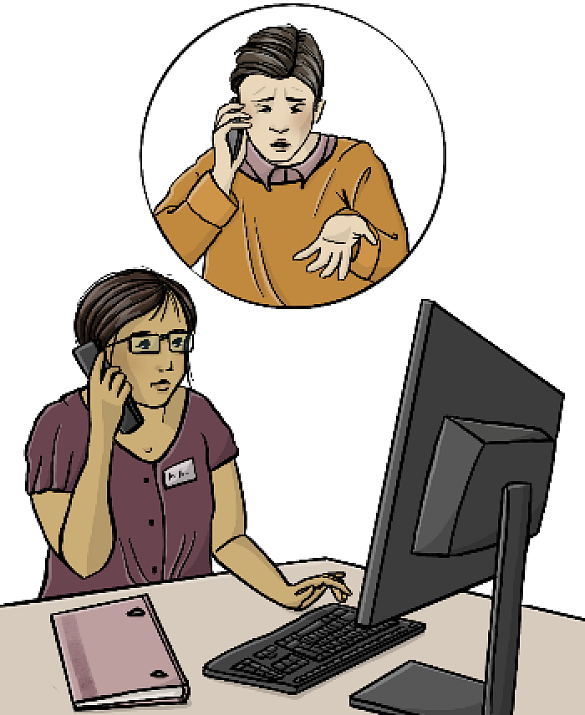 Frau am Computer, die telefoniert